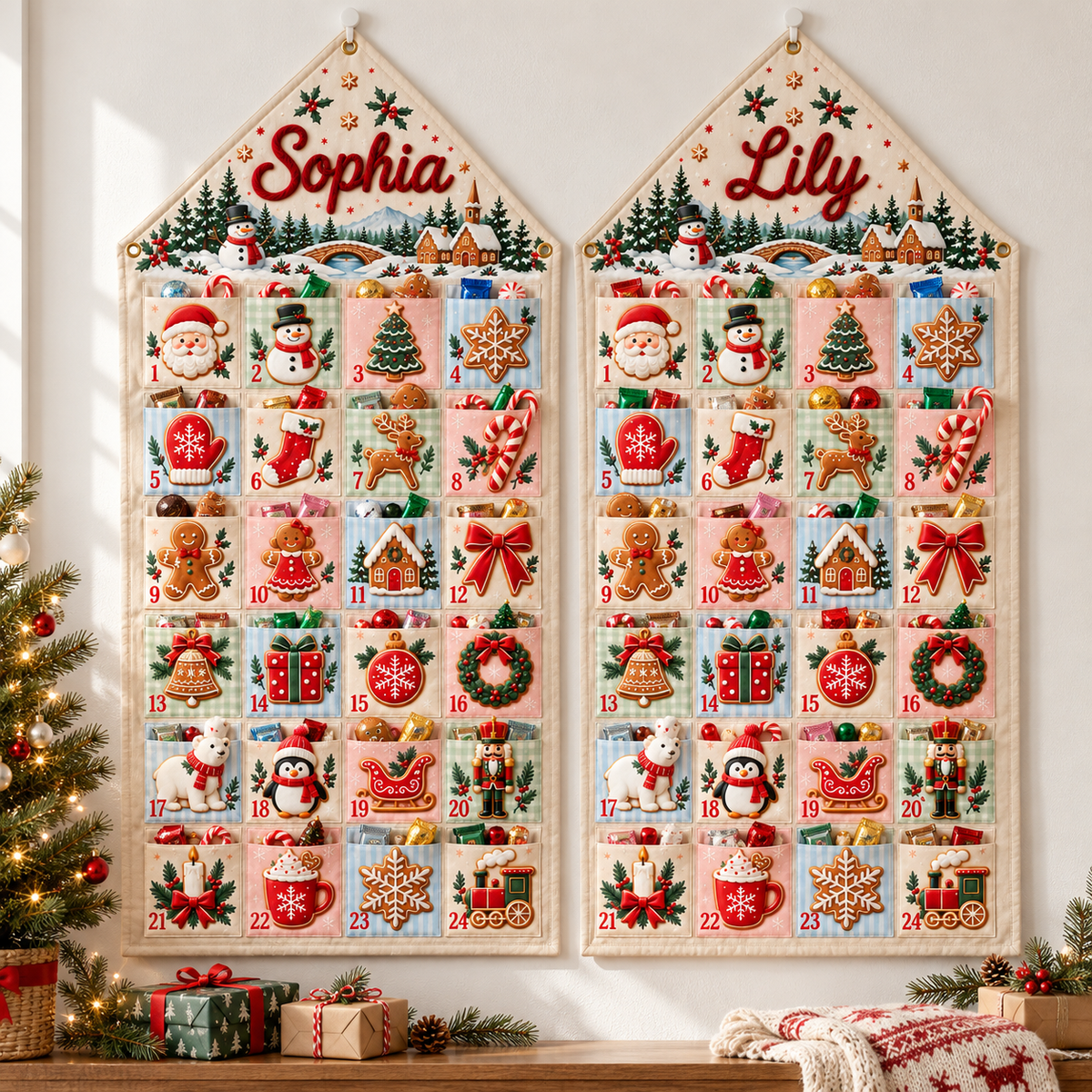 Custom Name Embroid Christmas Advent Calendar Gingerbread Snowman Wall Hanging Pocket