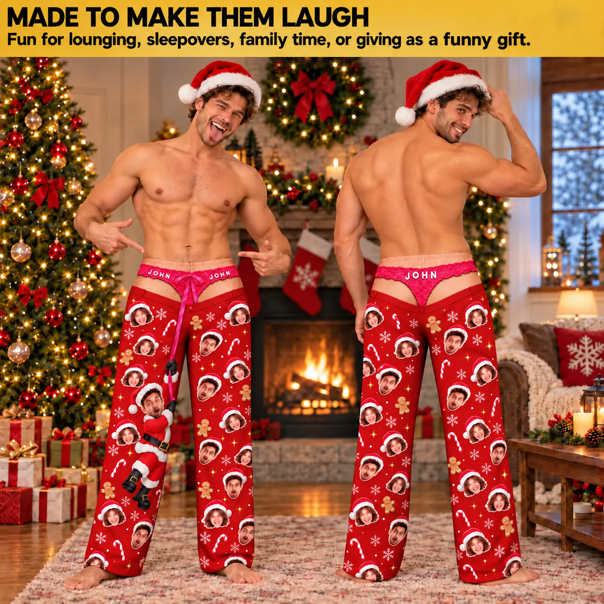 Custom Face Christmas Pajama Pants Funny Photo Print Holiday Thong Underwear Bottoms