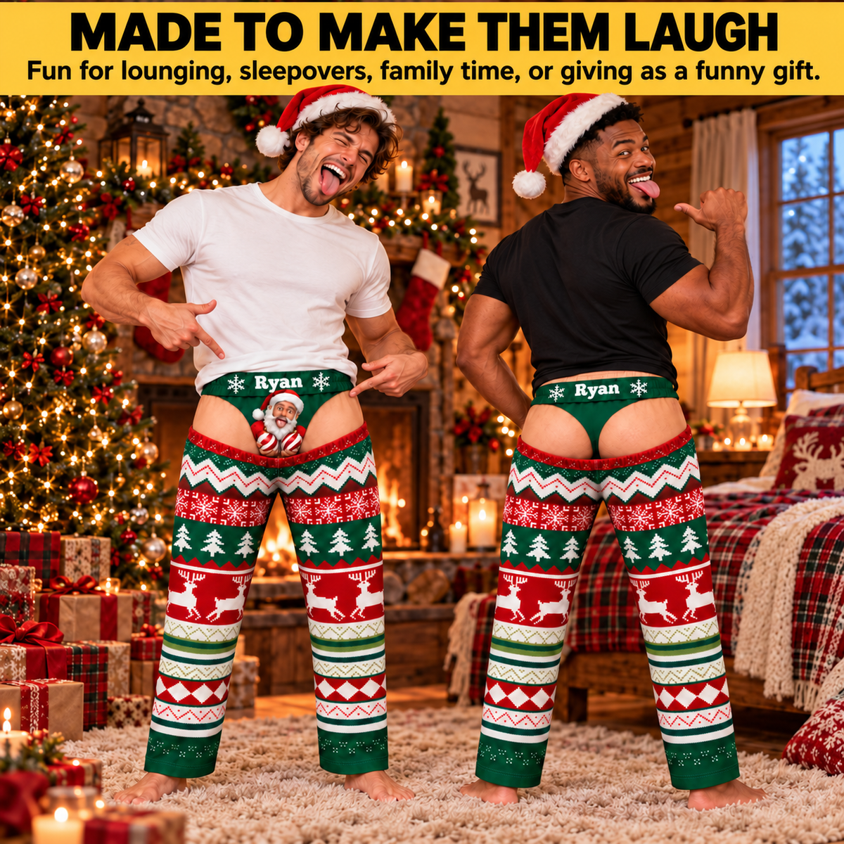 Custom Face Christmas Pajama Pants Personalized Photo Print Thong Underwear Loungewear