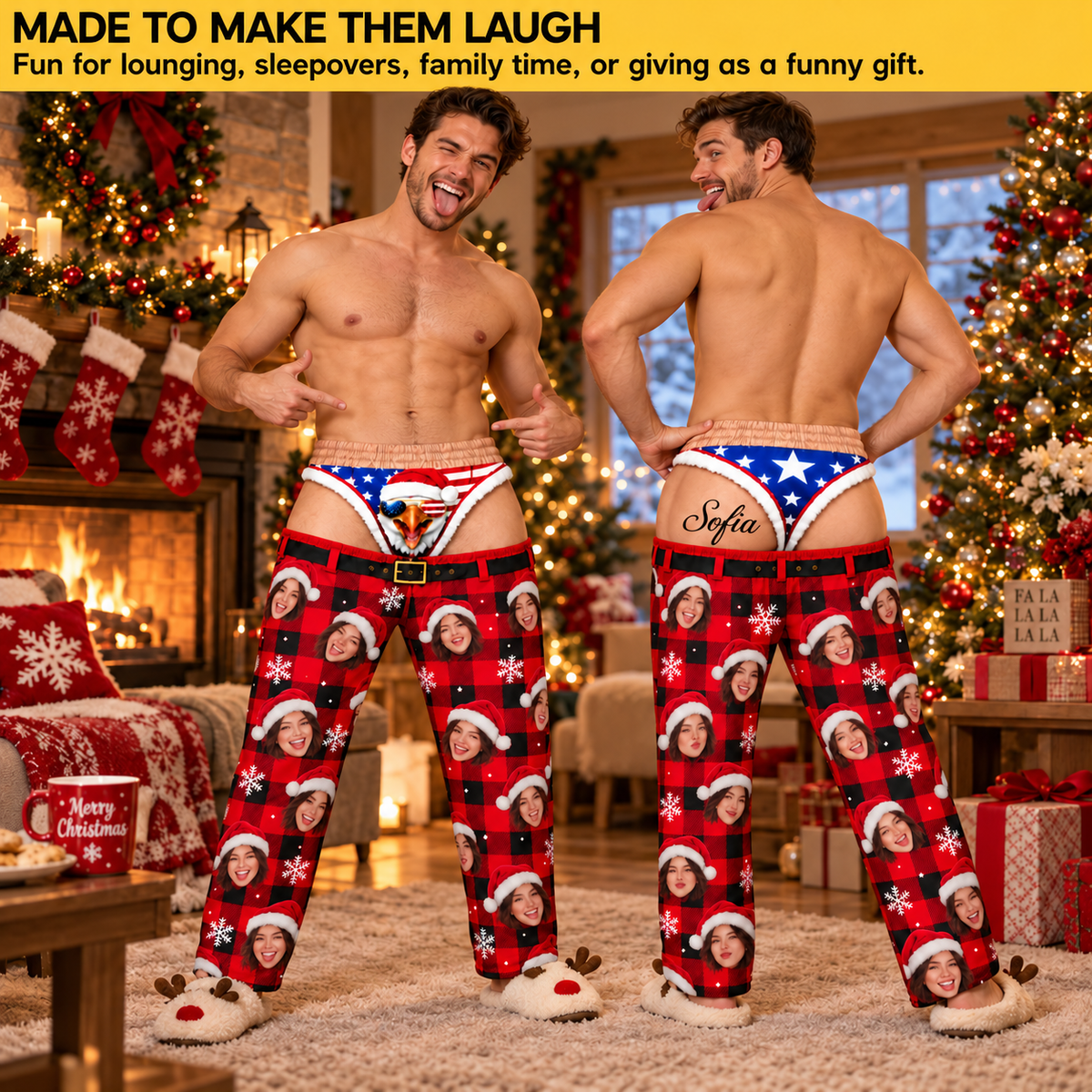 Custom Face Christmas Pajama Pants American Eagle Thong Underwear Novelty Bottoms