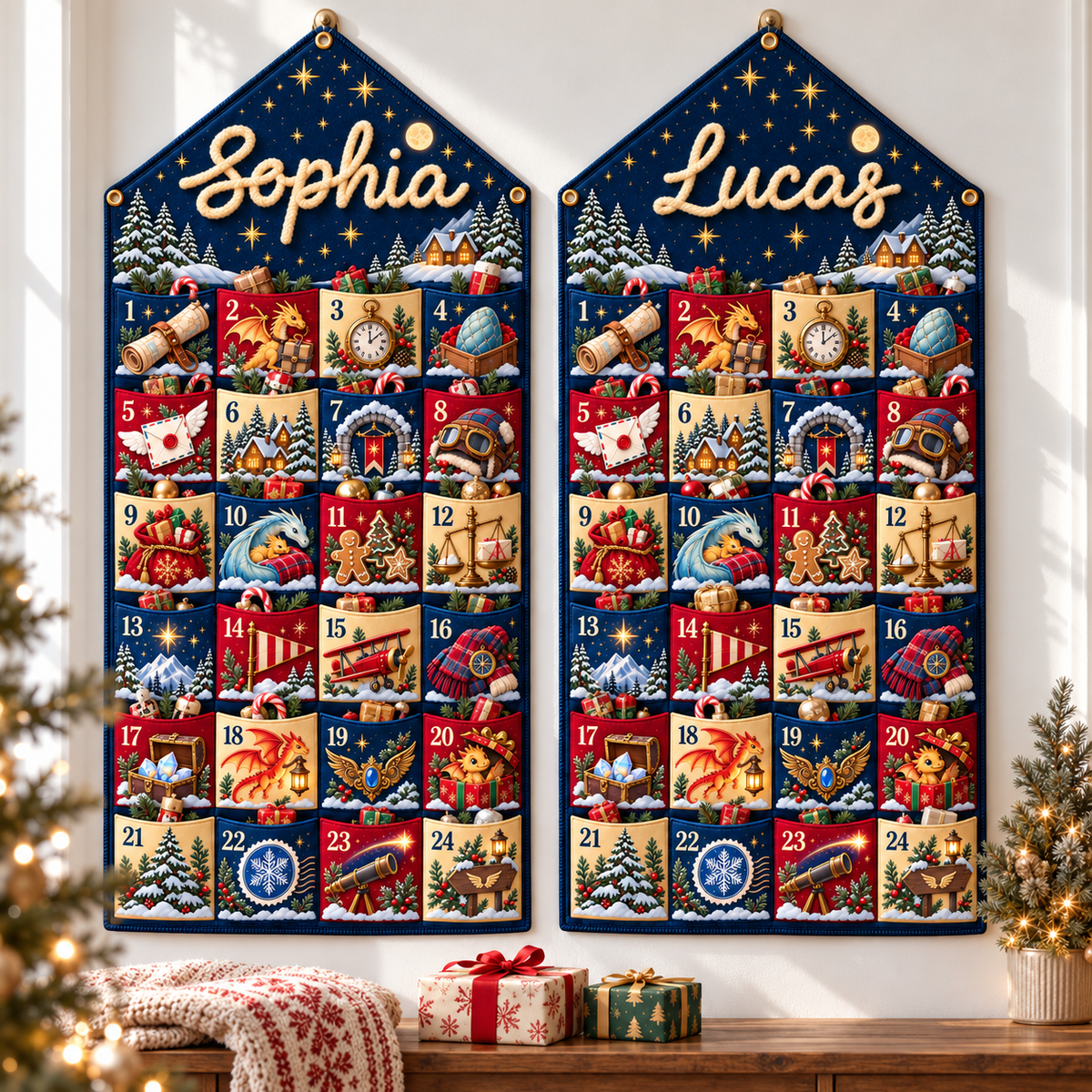Custom Name Blue Embroid Christmas Advent Calendar Dragon Fantasy Wall Hanging Pocket