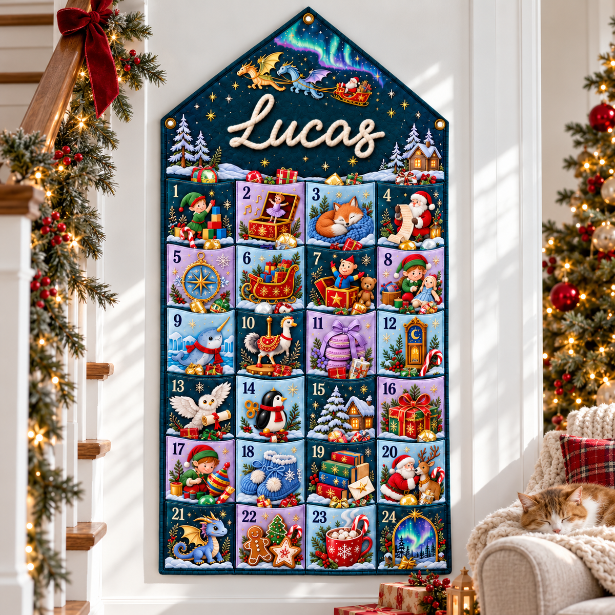 Custom Name Embroid Christmas Advent Calendar Fantasy Dragon Santa Wall Hanging Pocket
