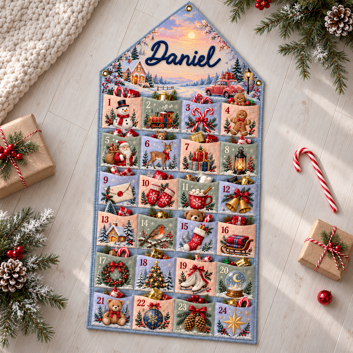 Custom Name Embroid Christmas Advent Calendar Winter Village Snowman Wall Hanging Pocket