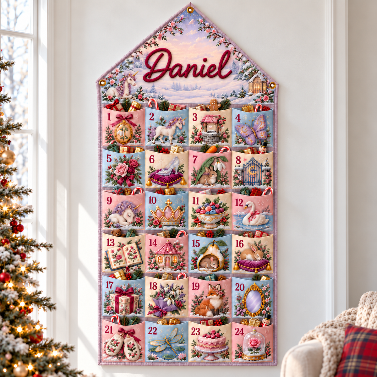 Custom Name Embroid Christmas Advent Calendar Princess Unicorn Wall Hanging Pocket