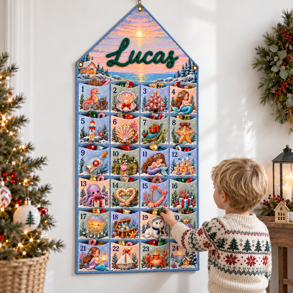 Custom Name Embroid Christmas Advent Calendar Mermaid Coastal Wall Hanging Pocket