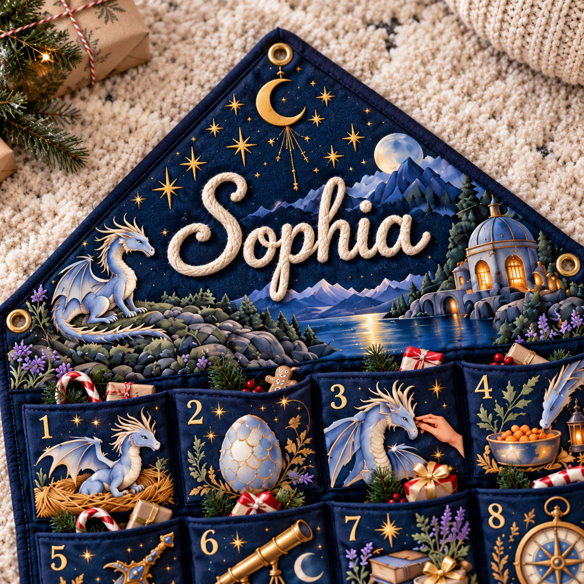 Custom Name Embroid Christmas Advent Calendar Dragon Fantasy Hanging Pocket Tapestry