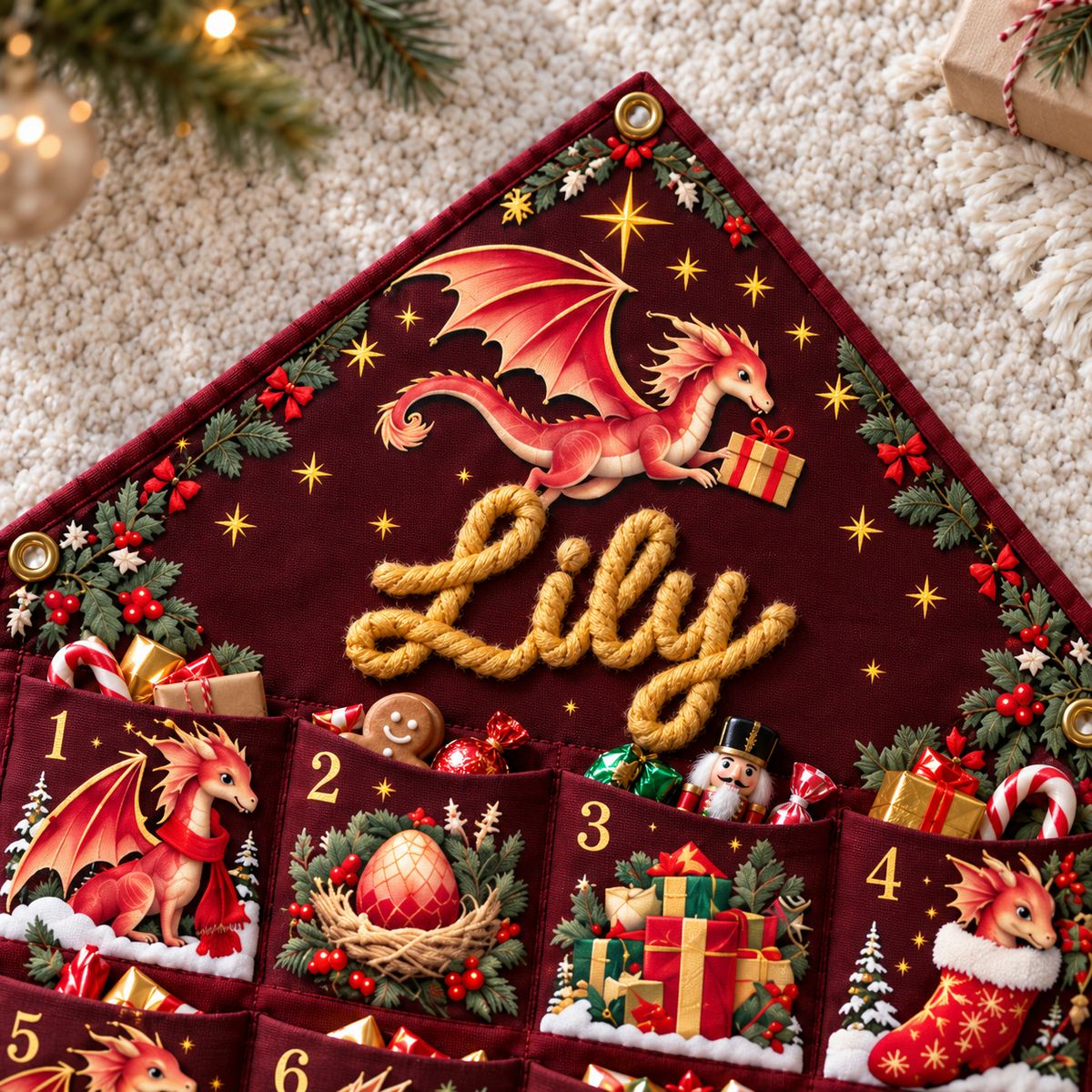 Custom Name Embroid Christmas Advent Calendar Baby Dragon Hanging Pocket Tapestry