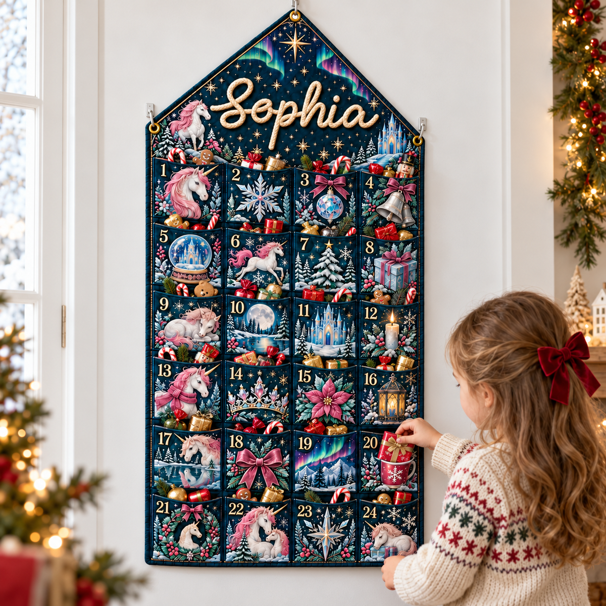 Custom Name Embroid Christmas Advent Calendar Unicorn Magic Hanging Pocket Tapestry