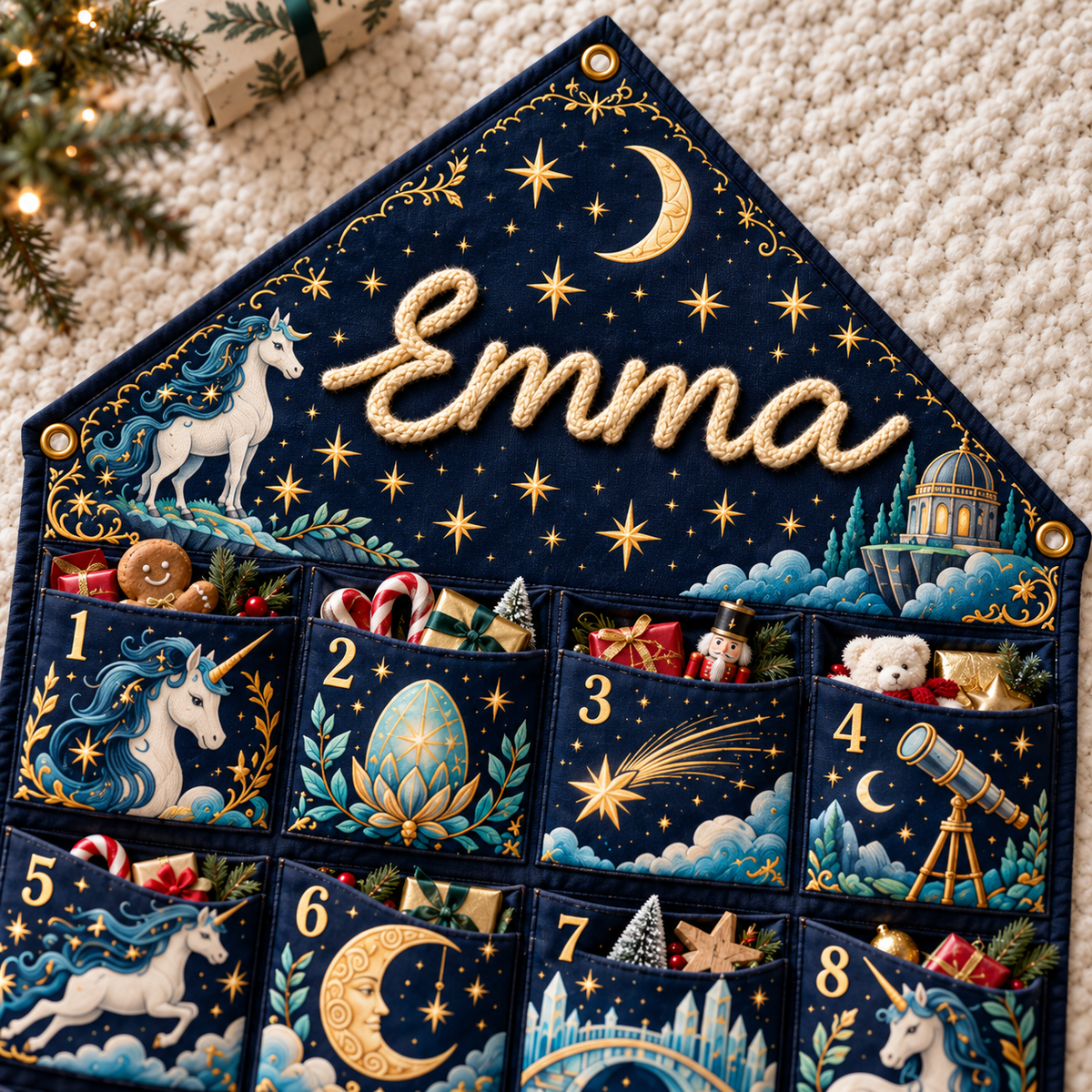 Custom Name Embroid Christmas Advent Calendar Unicorn Celestial Wall Hanging Pocket