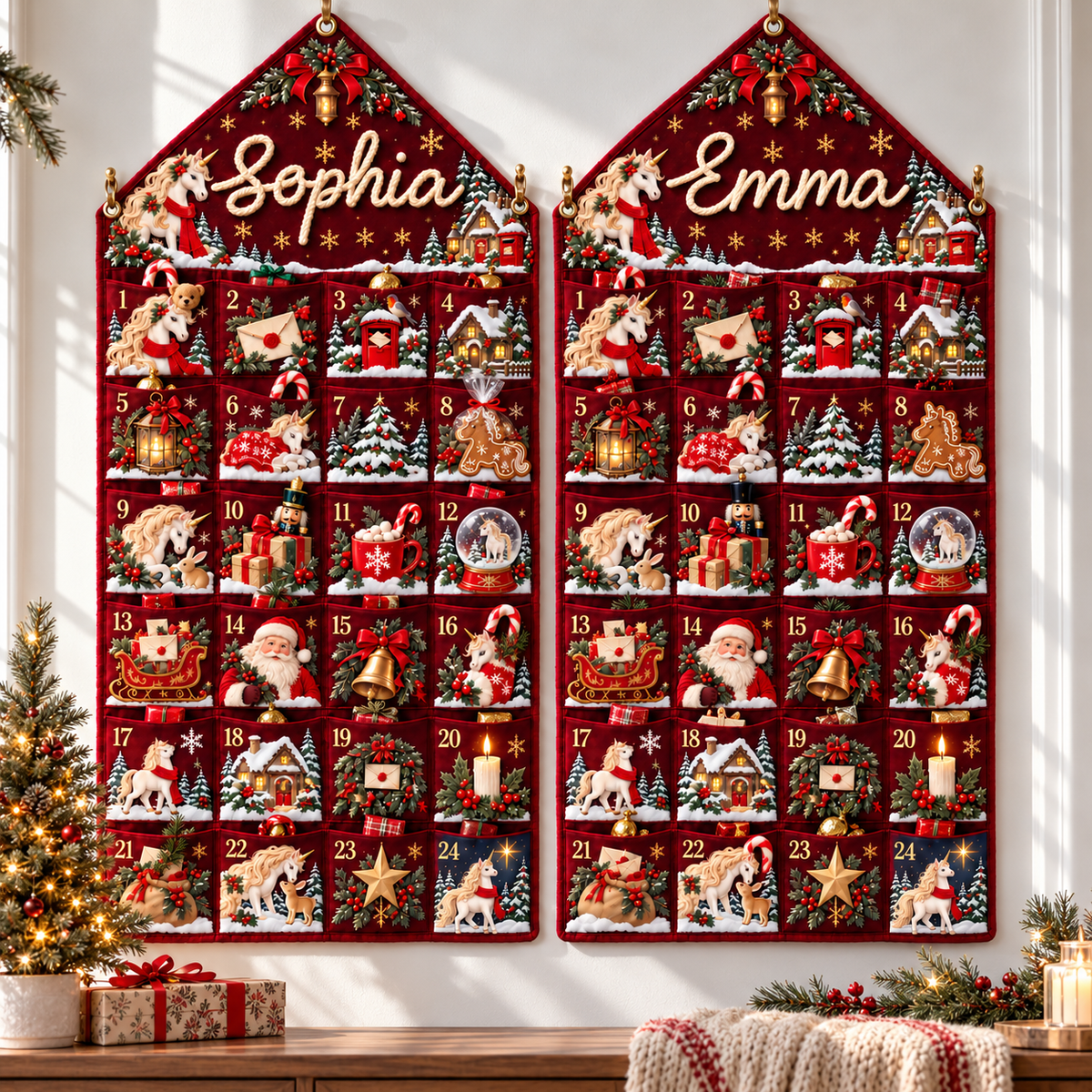 Custom Name Embroid Christmas Advent Calendar Unicorn Festive Wall Hanging Pocket
