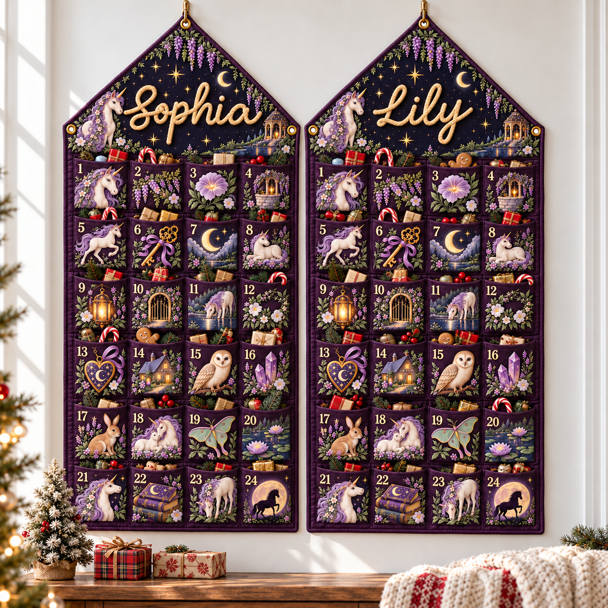 Custom Name Purple Embroid Christmas Advent Calendar Unicorn Wall Hanging Pocket