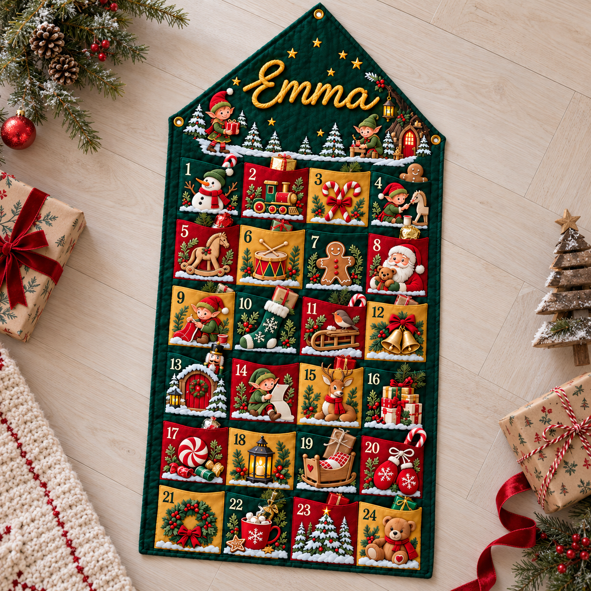 Custom Name Green Embroid Christmas Advent Calendar Elf Santa Wall Hanging Pocket
