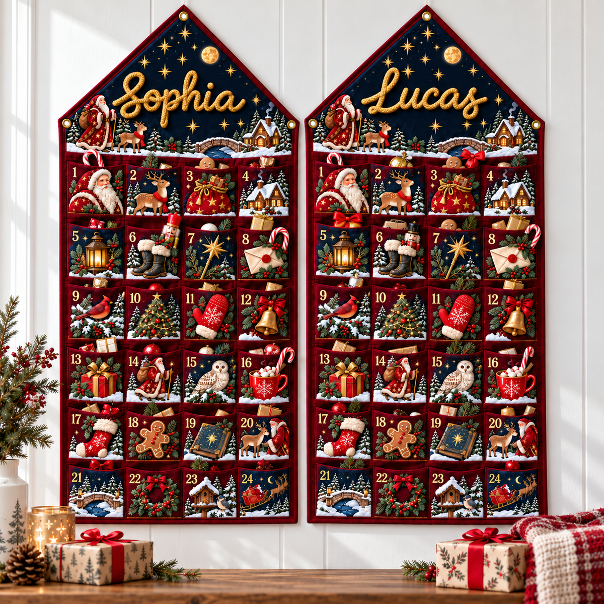 Custom Name Burgundy Embroid Christmas Advent Calendar Santa Reindeer Hanging Pocket