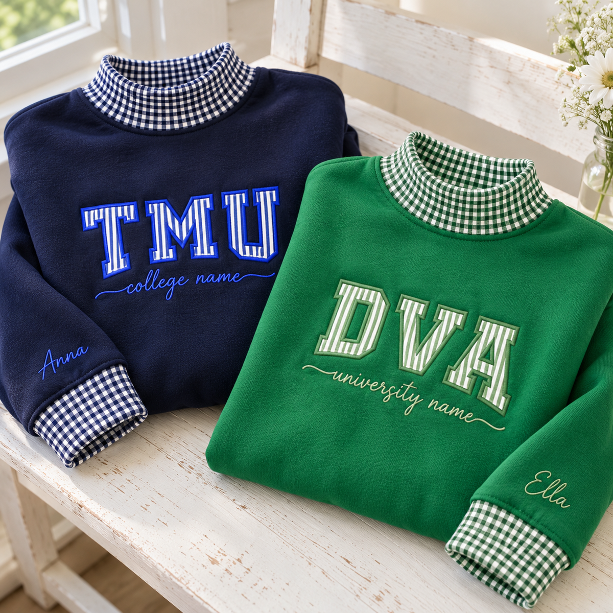 Custom University Mockneck Sweatshirt Plaid Collar Custom College Sleeve Name Pullover
