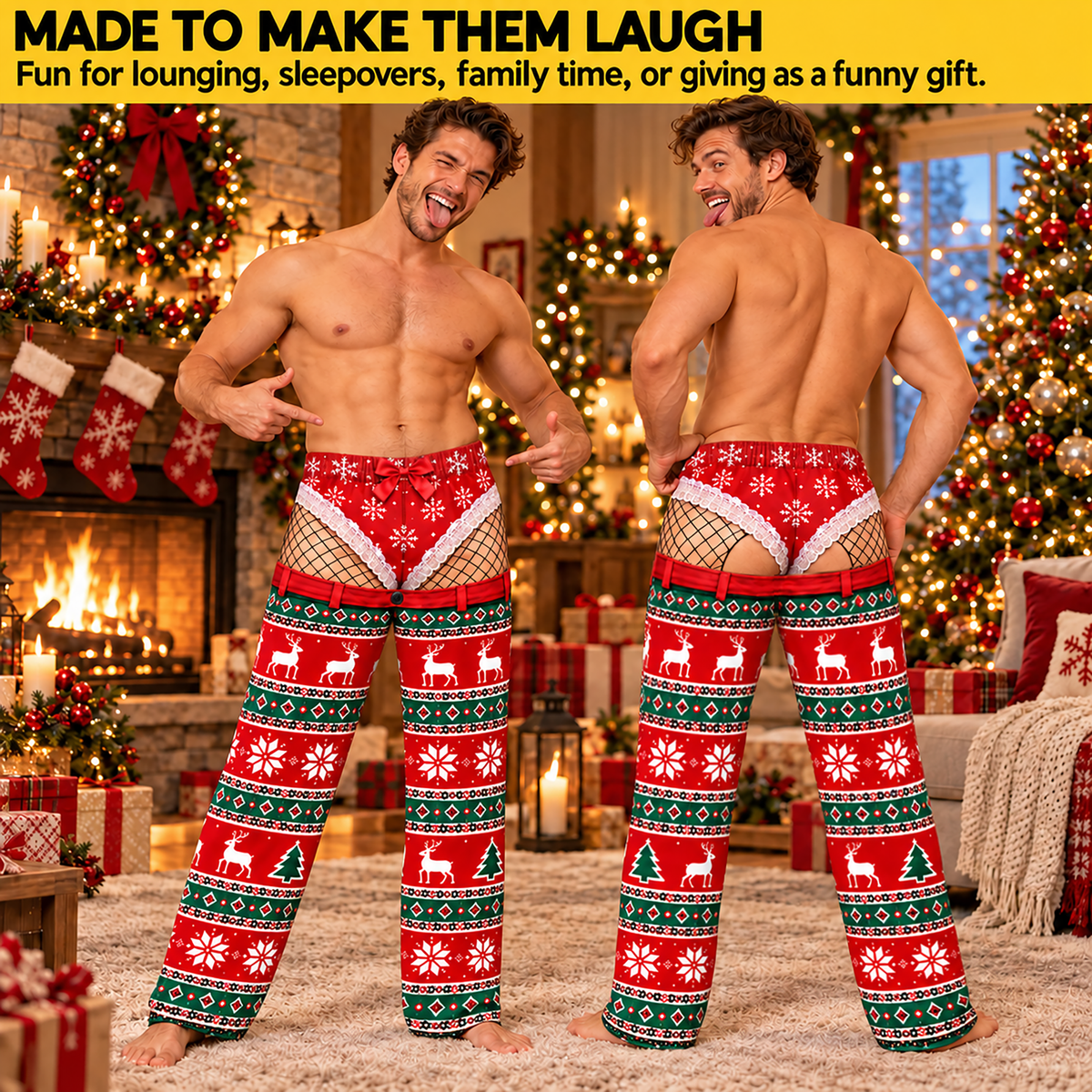 Custom Christmas Reindeer Snowflake Funny Pajamas Open Back Chaps Loungewear Pants
