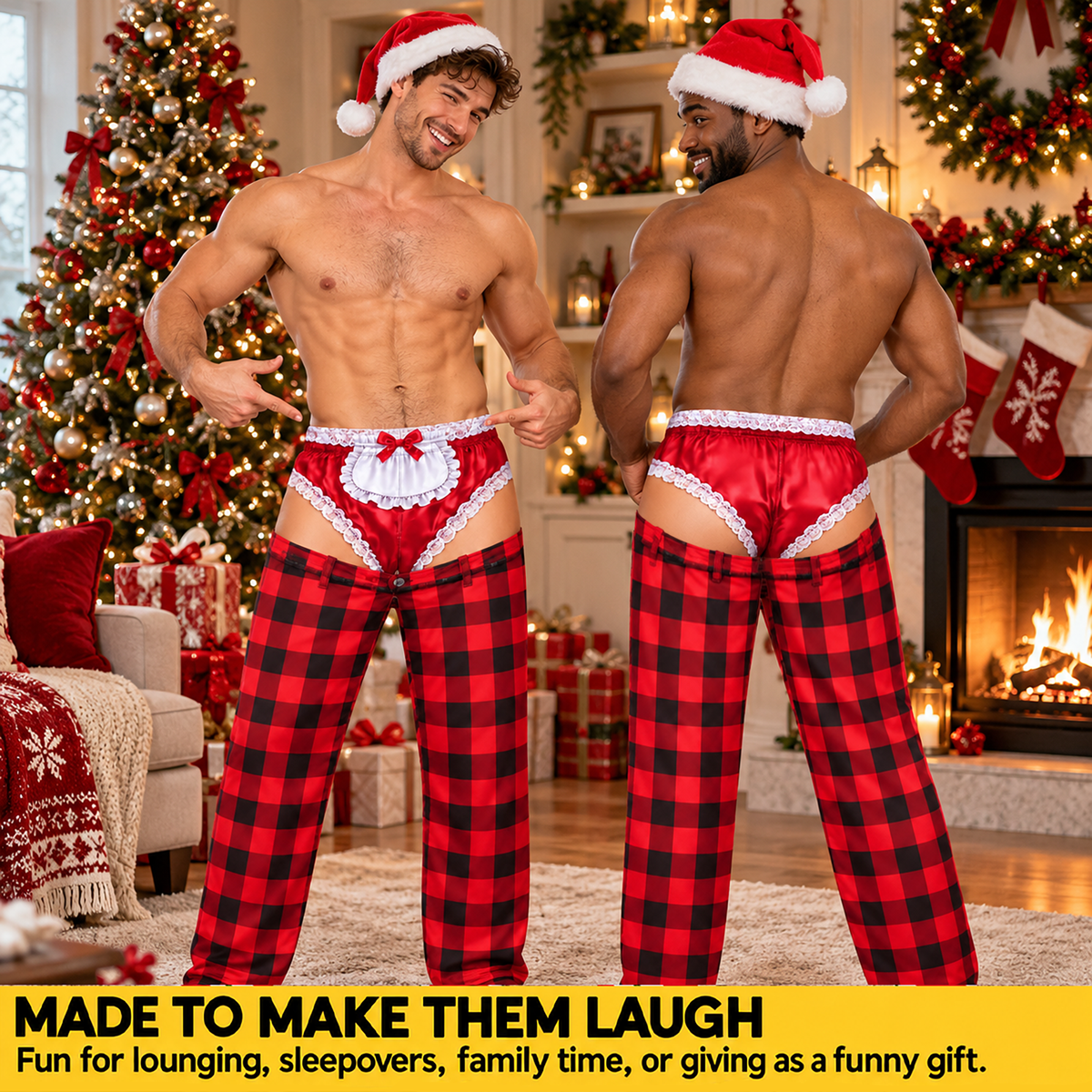 Custom Christmas Plaid Buffalo Check Funny Pajamas Open Back Chaps Loungewear Pants