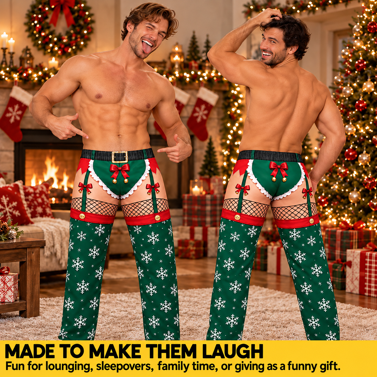 Custom Christmas Elf Snowflake Bow Bell Funny Pajamas Open Back Chaps Loungewear Pants