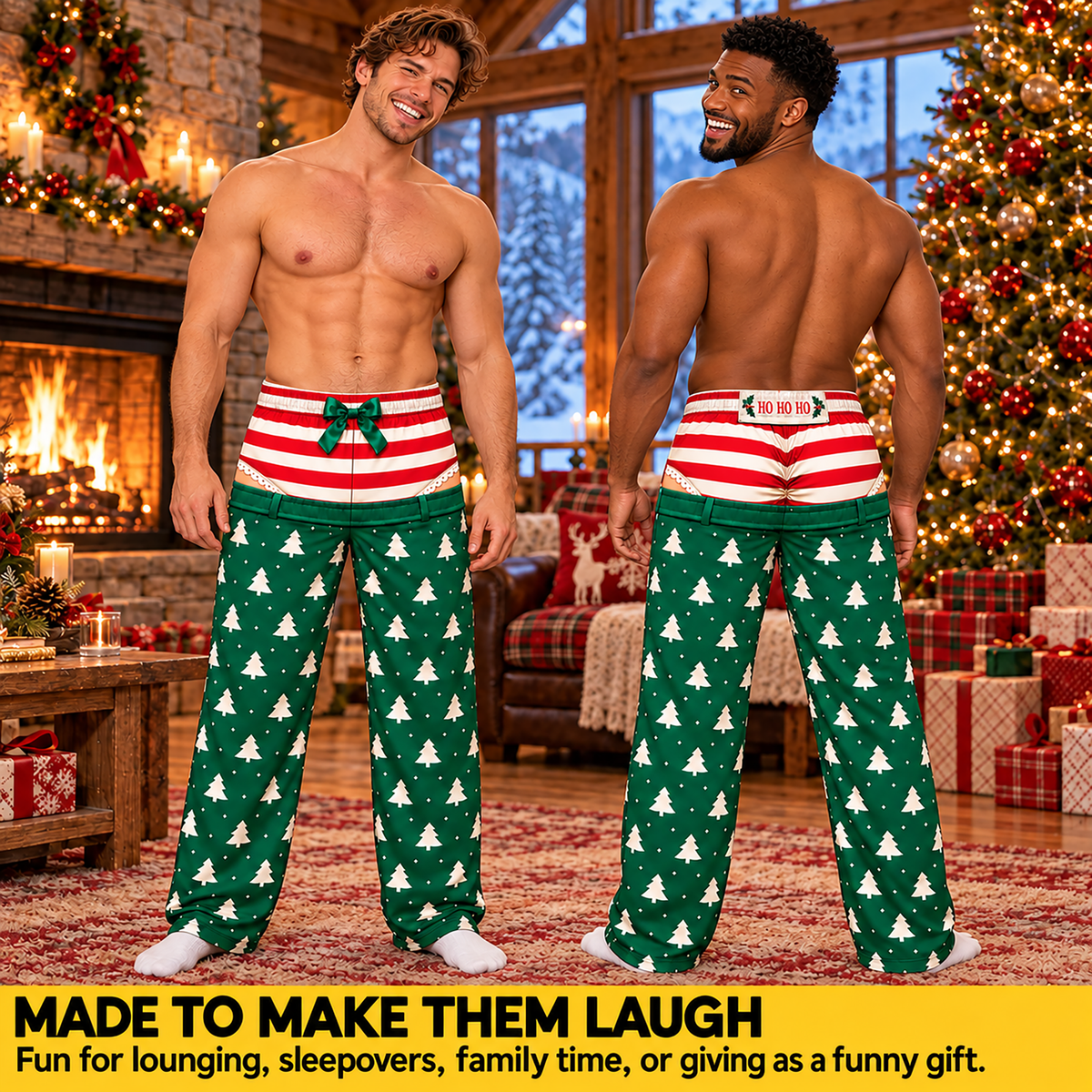 Custom Christmas Tree Striped Ribbon Bow Ho Ho Ho Men Pajama Pants Sleepwear Bottoms