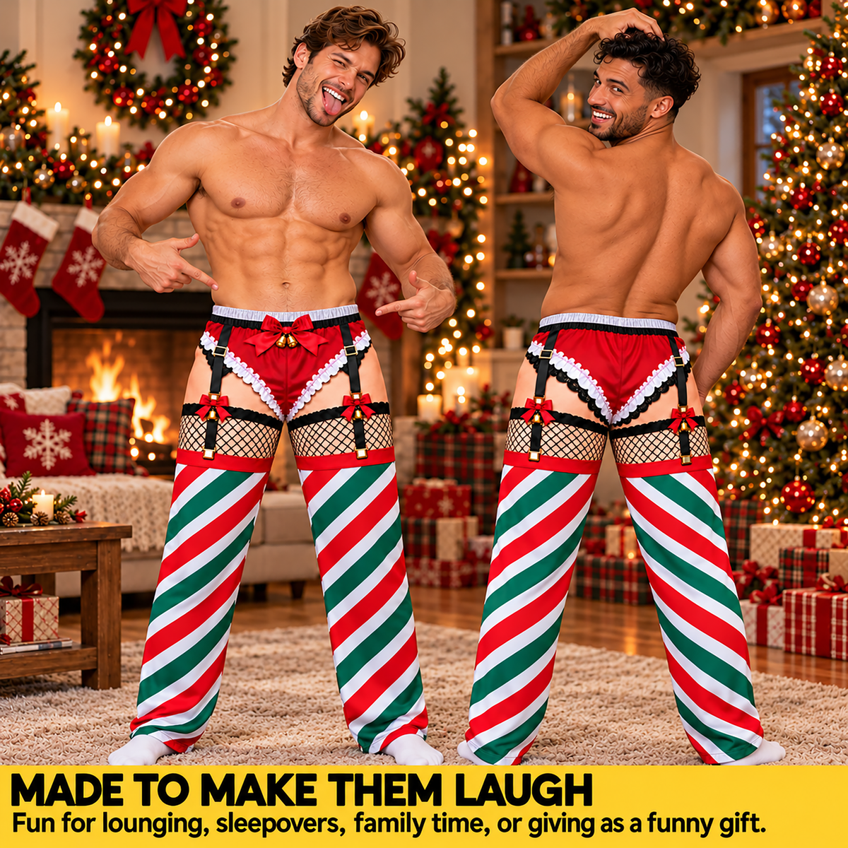 Custom Christmas Candy Cane Striped Garter Fishnet Men Pajama Pants Sleepwear Bottoms