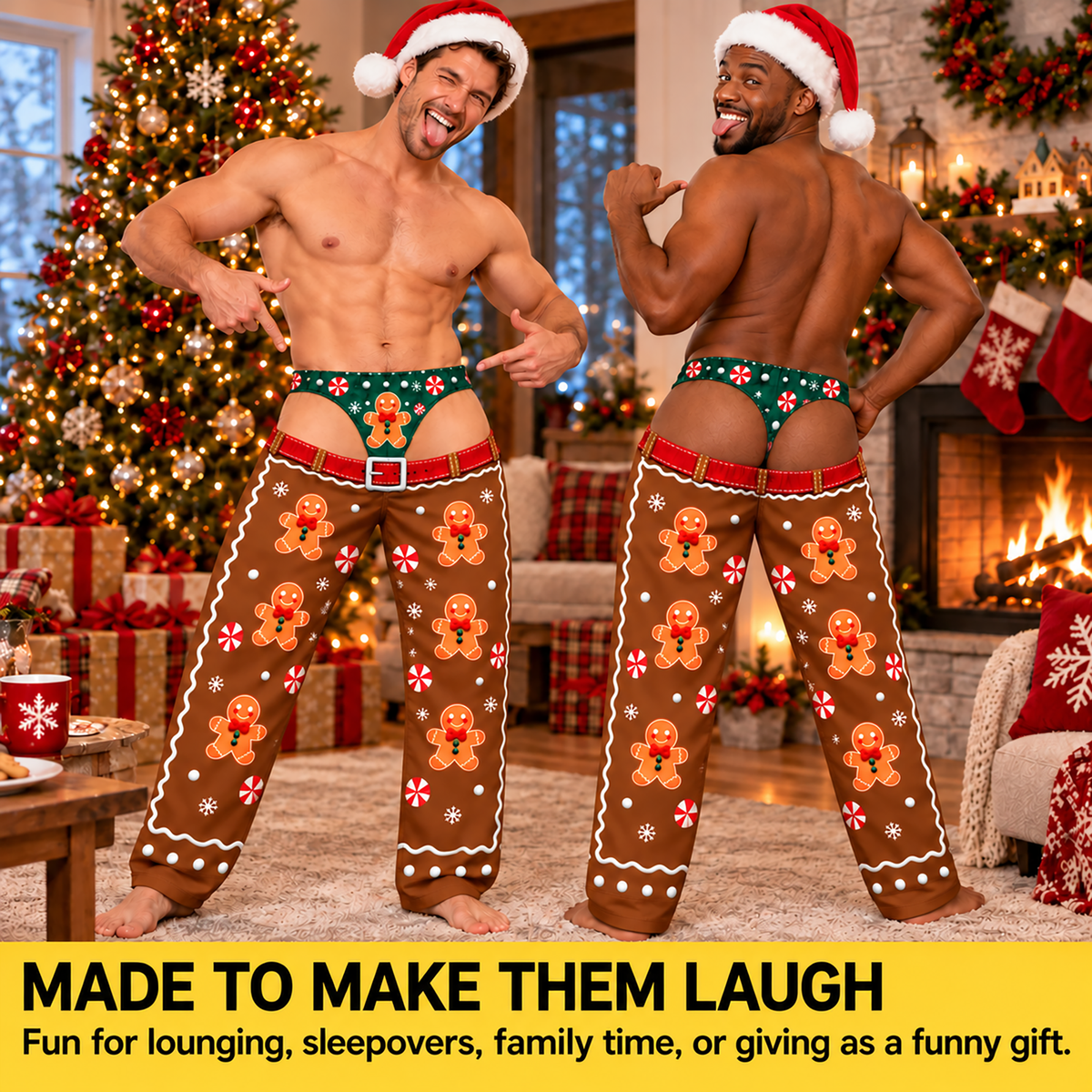 Custom Christmas Gingerbread Cookie Belt Thong Men Pajama Pants Sleepwear Bottoms