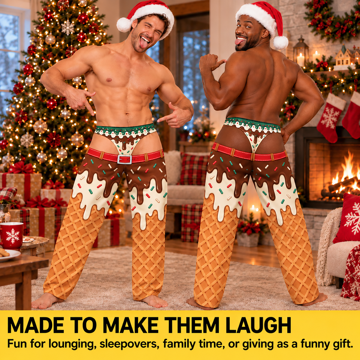 Custom Christmas Waffle Cone Chocolate Sprinkles Thong Men Pajama Pants Sleepwear