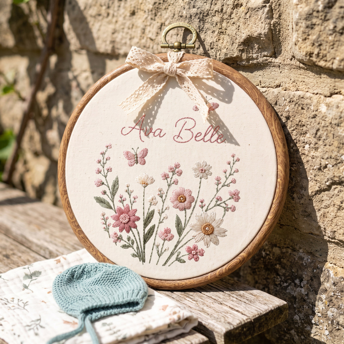 Personalized Blue Wildflowers Butterflies Embroidery Hoop Art Nursery Decor Keepsake