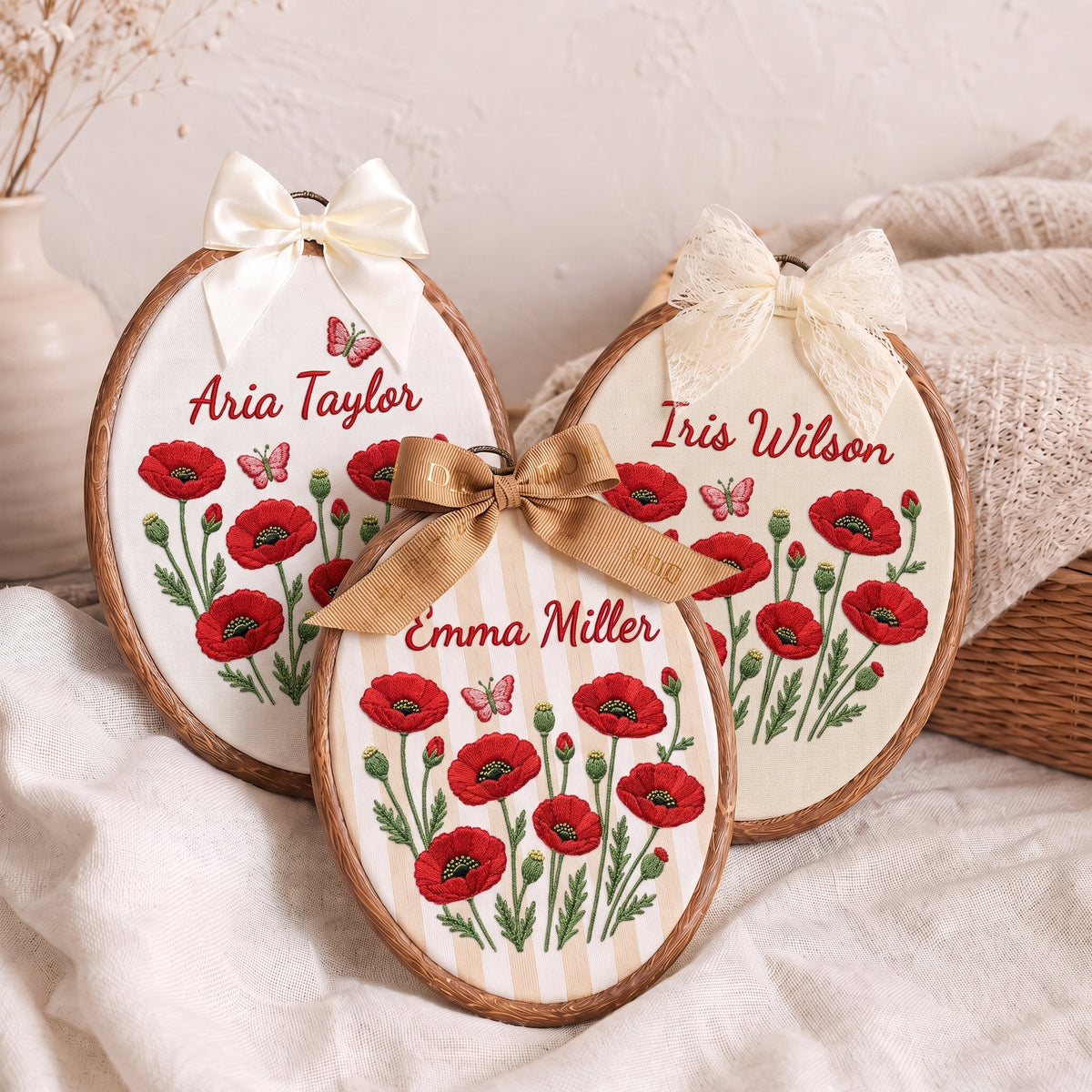 Personalized Baby Name Red Poppies Butterflies Embroidery Hoop Art Nursery Decor Keepsake