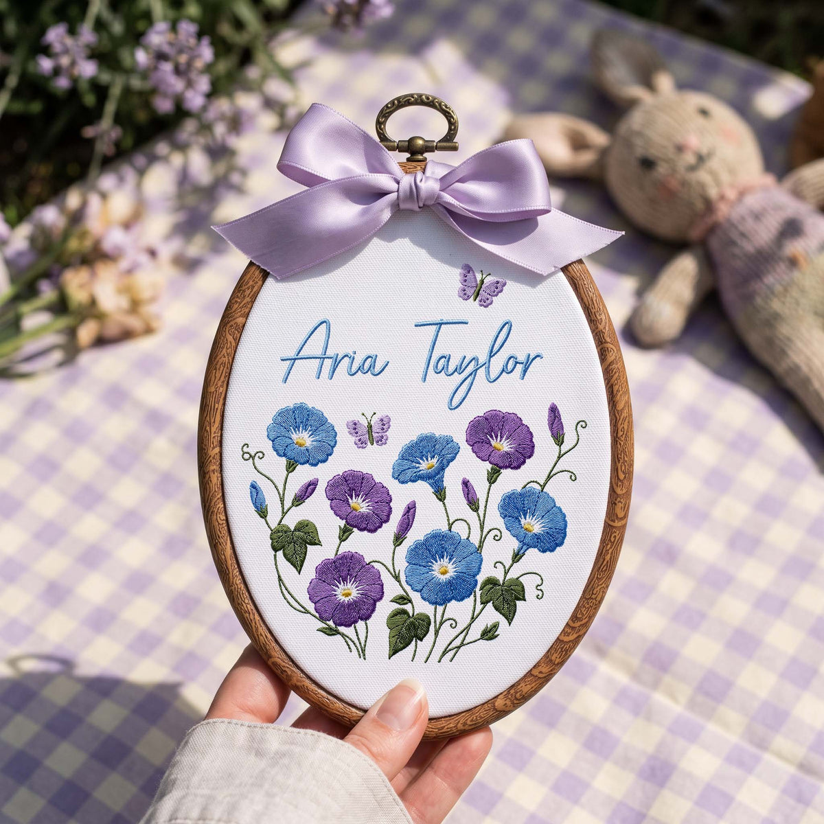 Custom Baby Name Morning Glory Butterflies Embroidery Hoop Art Nursery Decor Keepsake