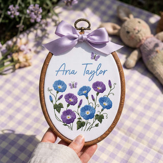 Custom Baby Name Morning Glory Butterflies Embroidery Hoop Art Nursery Decor Keepsake