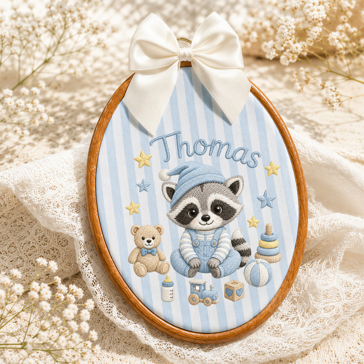 Personalized Baby Name Raccoon Toy Stack Stars Embroidery Hoop Art Nursery Decor Keepsake