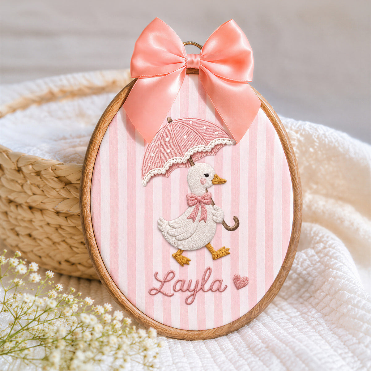 Personalized Baby Name Cute Duck Umbrella Heart Embroidery Hoop Art Nursery Decor Keepsake