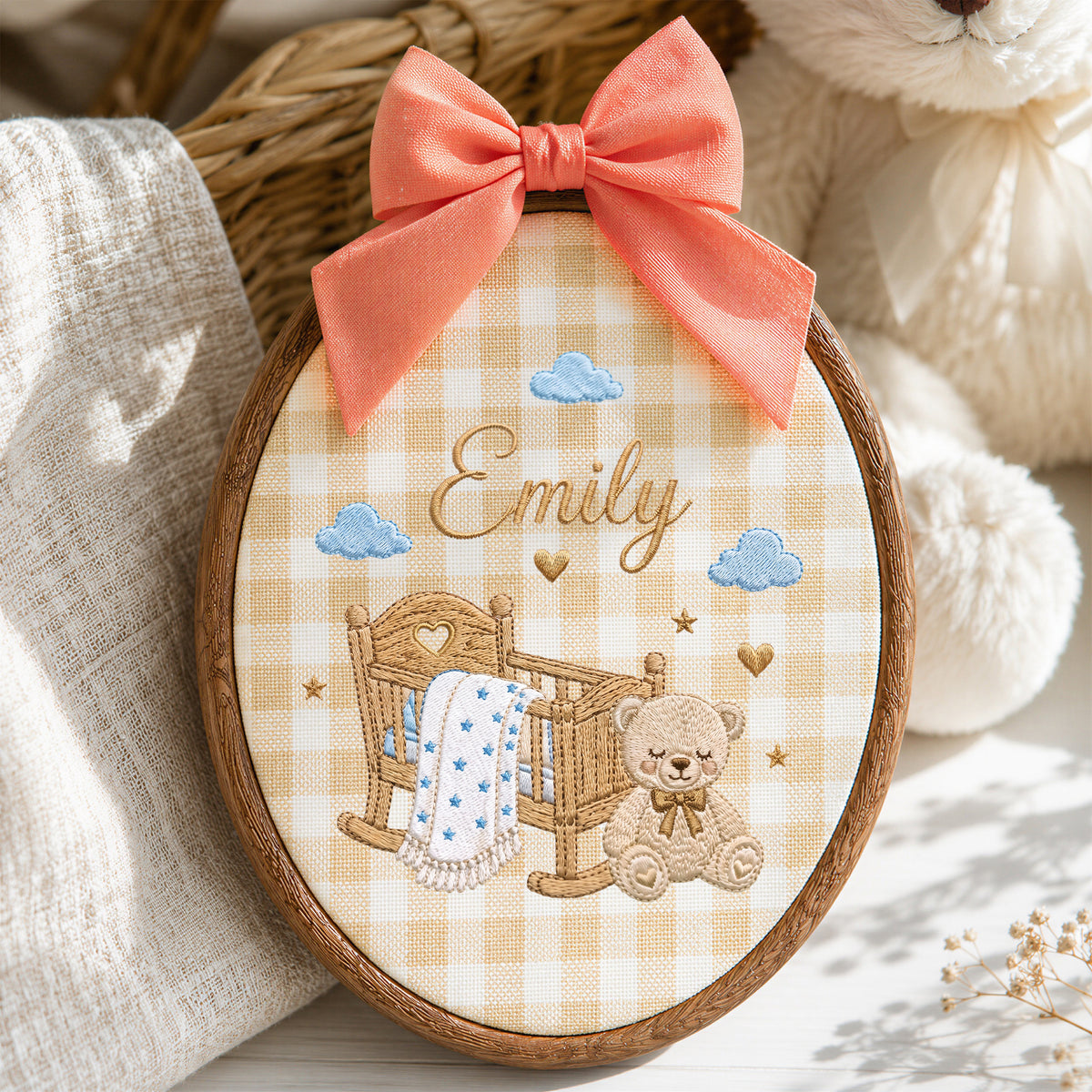 Personalized Baby Name Rocking Cradle Teddy Bear Stars Embroidery Hoop Art Keepsake
