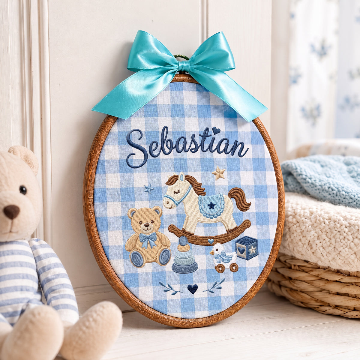 Custom Baby Name Rocking Horse Teddy Bear Toys Embroidery Hoop Art Nursery Keepsake