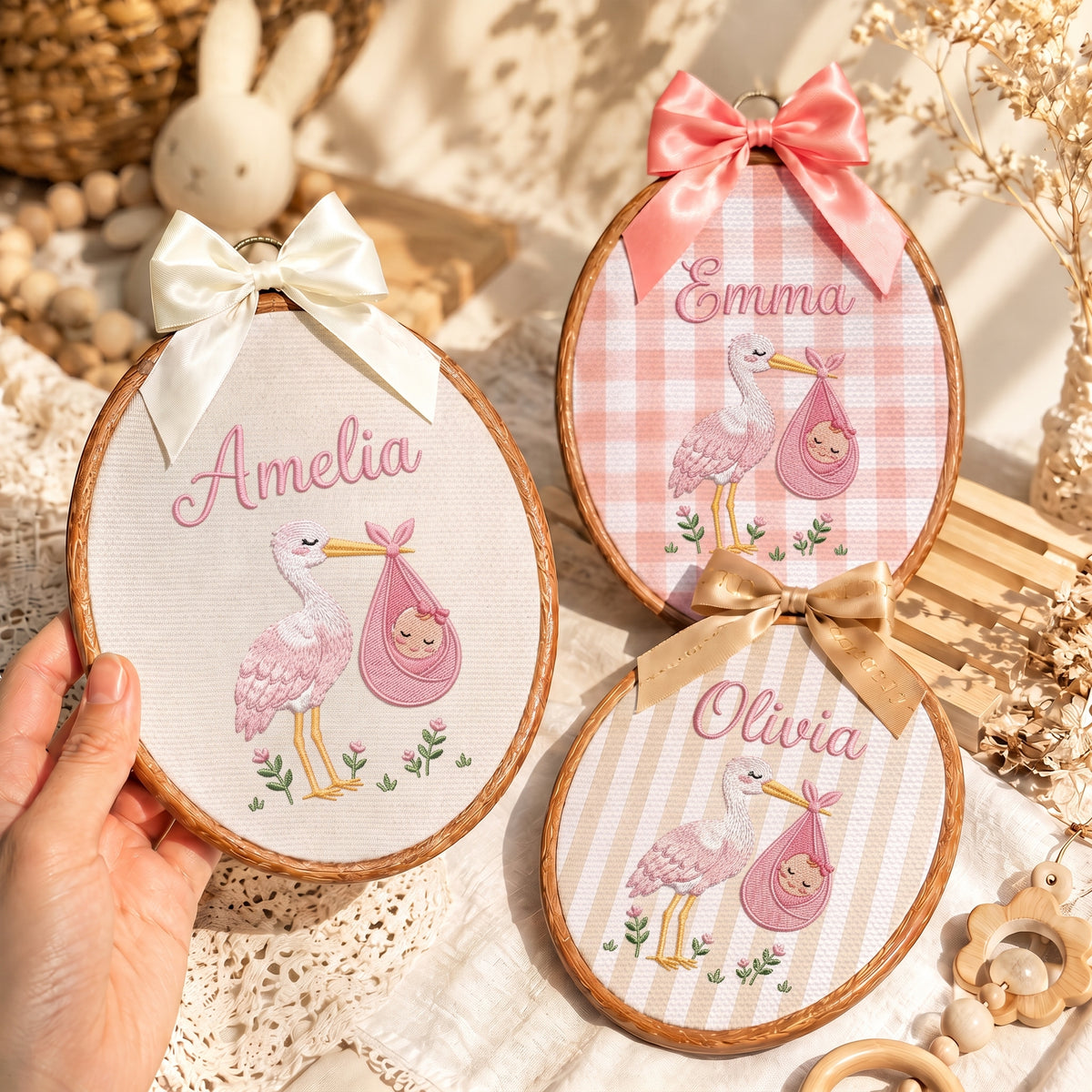 Custom Baby Name Stork Bird Bundle Embroidery Hoop Art Custom Nursery Decor Keepsake