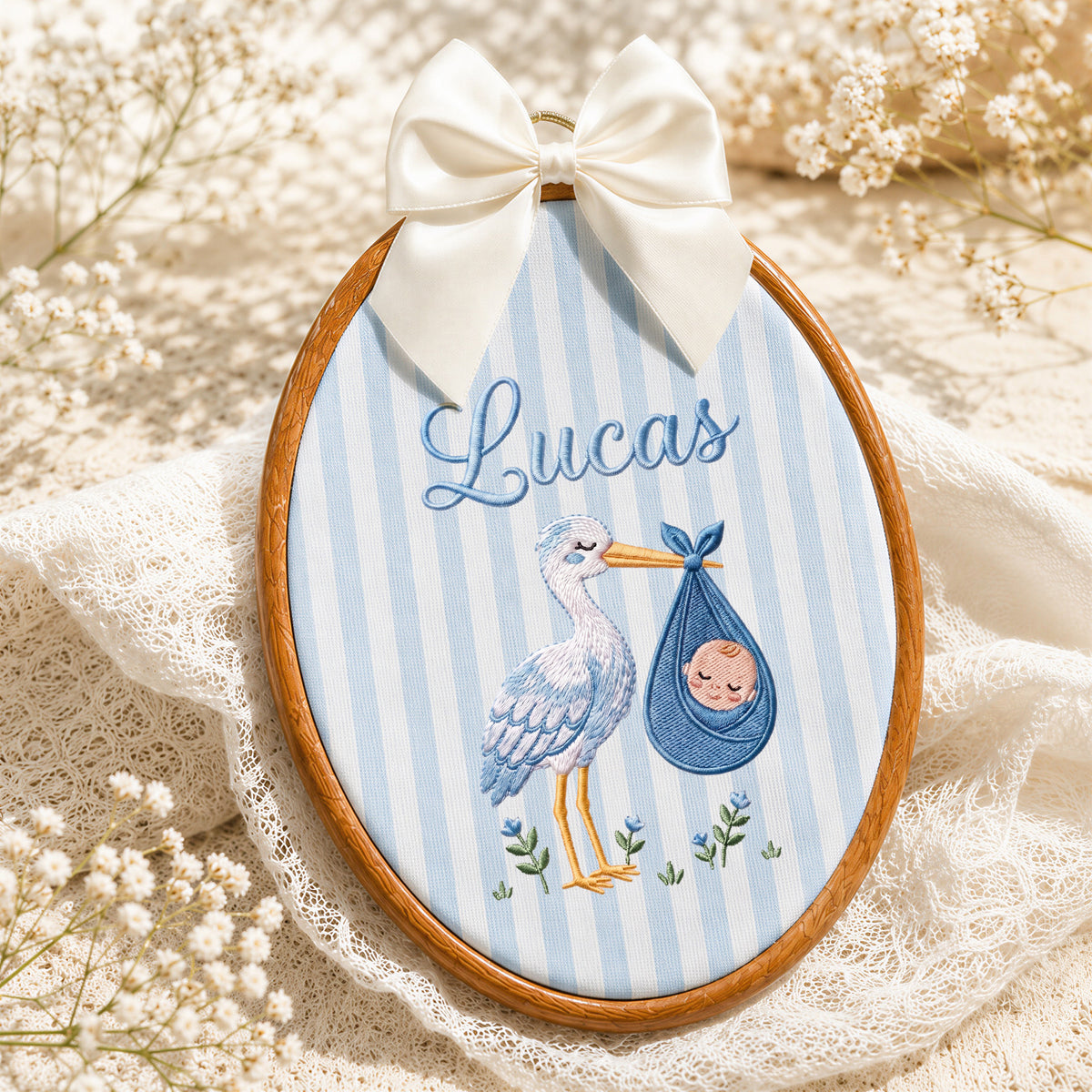 Handmade Baby Name Stork Bird Bundle Embroidery Hoop Art Custom Nursery Decor Keepsake