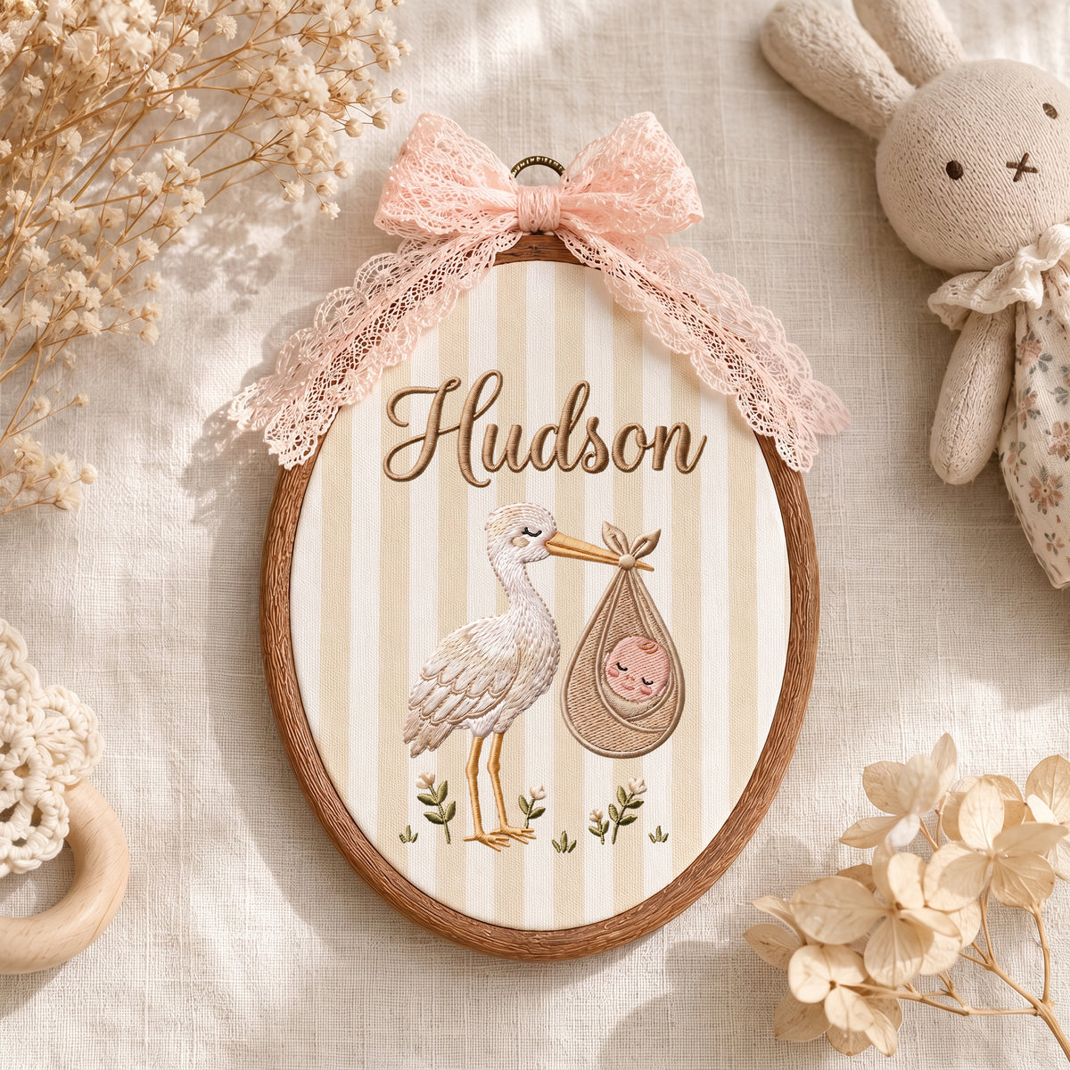 Neutral Beige Stork Bird Bundle Embroidery Hoop Art Custom Nursery Decor Keepsake
