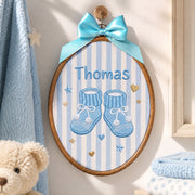 Personalized Baby Name Knitted Booties Embroidery Hoop Art Custom Nursery Keepsake