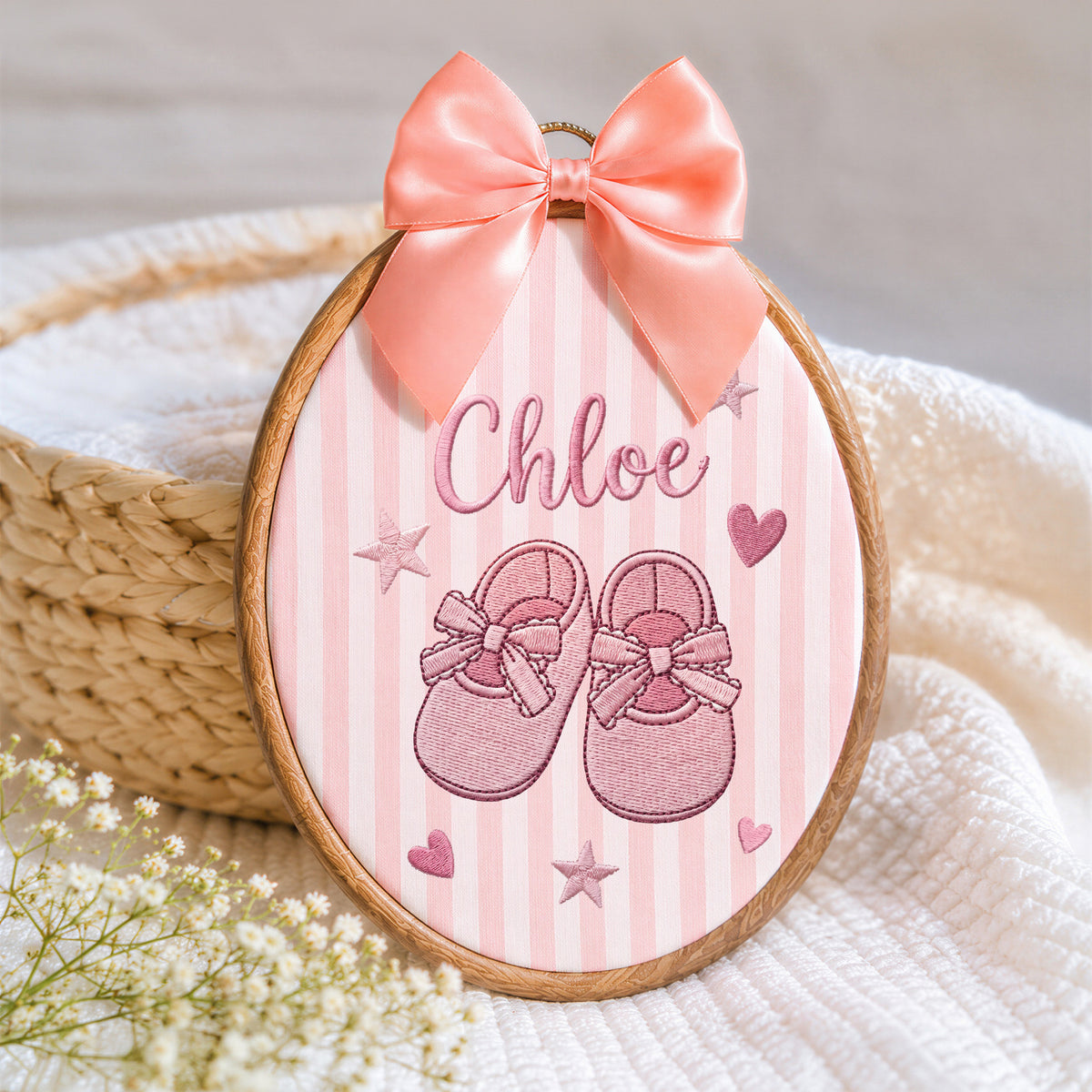 Personalized Baby Name Cute Shoes Embroidery Hoop Art Custom Nursery Decor Keepsake