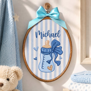Personalized Baby Name Blue Feeding Bottle Embroidery Hoop Art Nursery Decor Keepsake