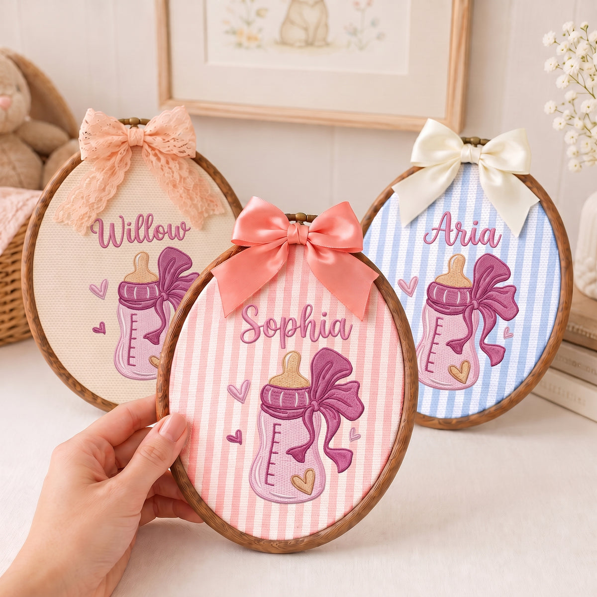 Personalized Baby Name Pink Feeding Bottle Embroidery Hoop Art Nursery Decor Keepsake