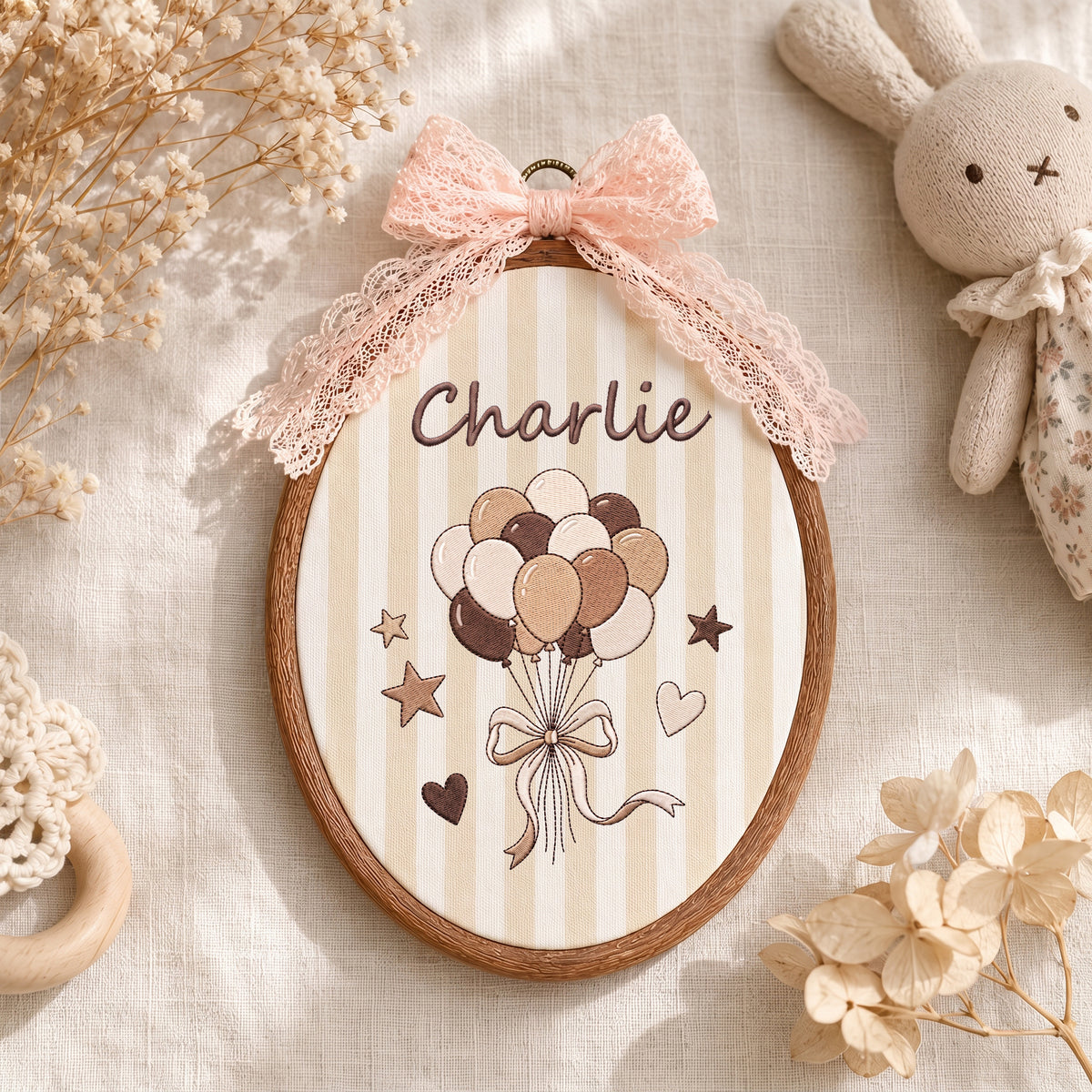 Personalized Baby Name Neutral Balloon Embroidery Hoop Art Custom Nursery Decor Keepsake