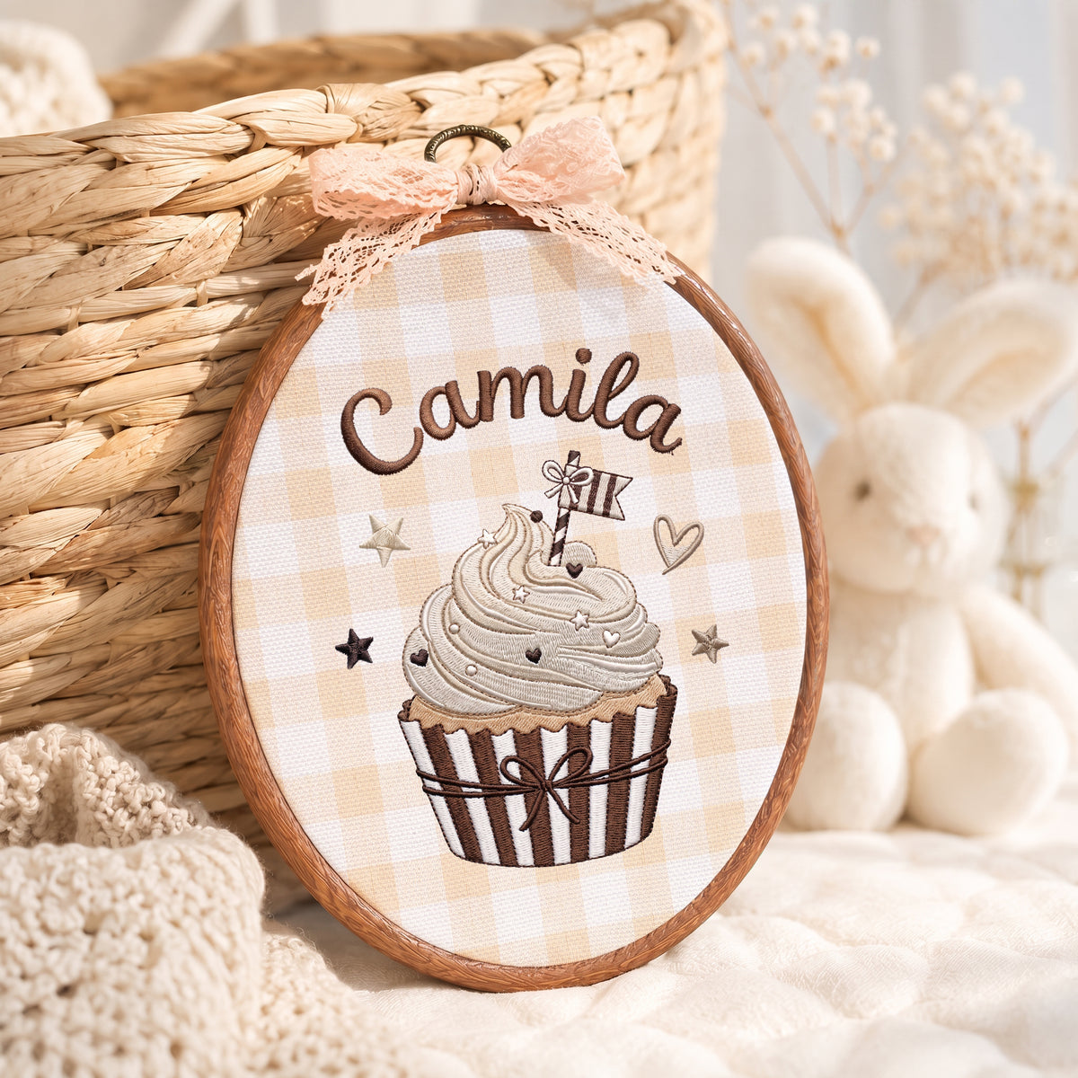 Personalized Baby Name Neutral Cupcake Embroidery Hoop Art Custom Nursery Decor Keepsake