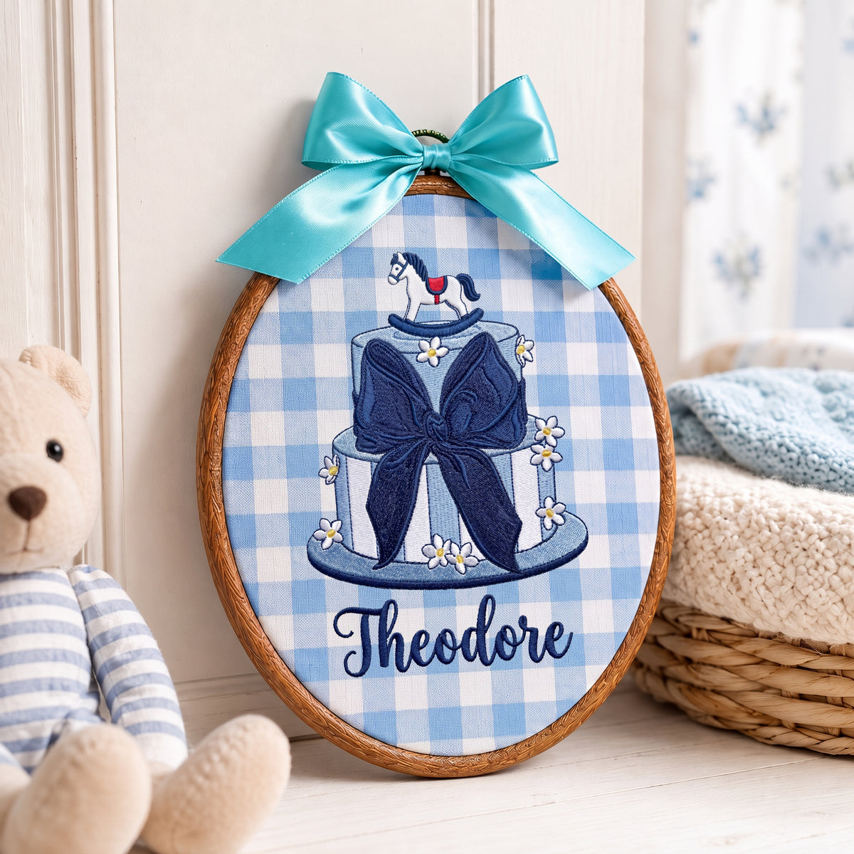 Handmade Baby Name Rocking Horse Cake Embroidery Hoop Art Custom Nursery Decor Keepsake