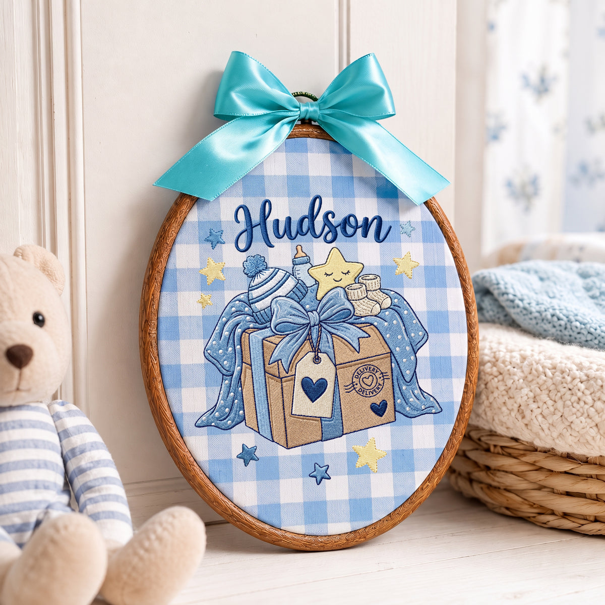 Personalized Baby Name Present Box Embroidery Hoop Art Custom Nursery Decor Keepsake