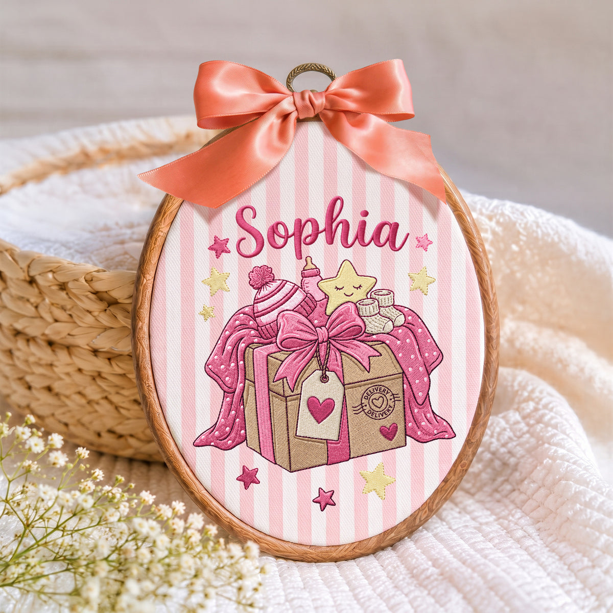 Handmade Baby Name Present Box Embroidery Hoop Art Custom Nursery Wall Decor Keepsake