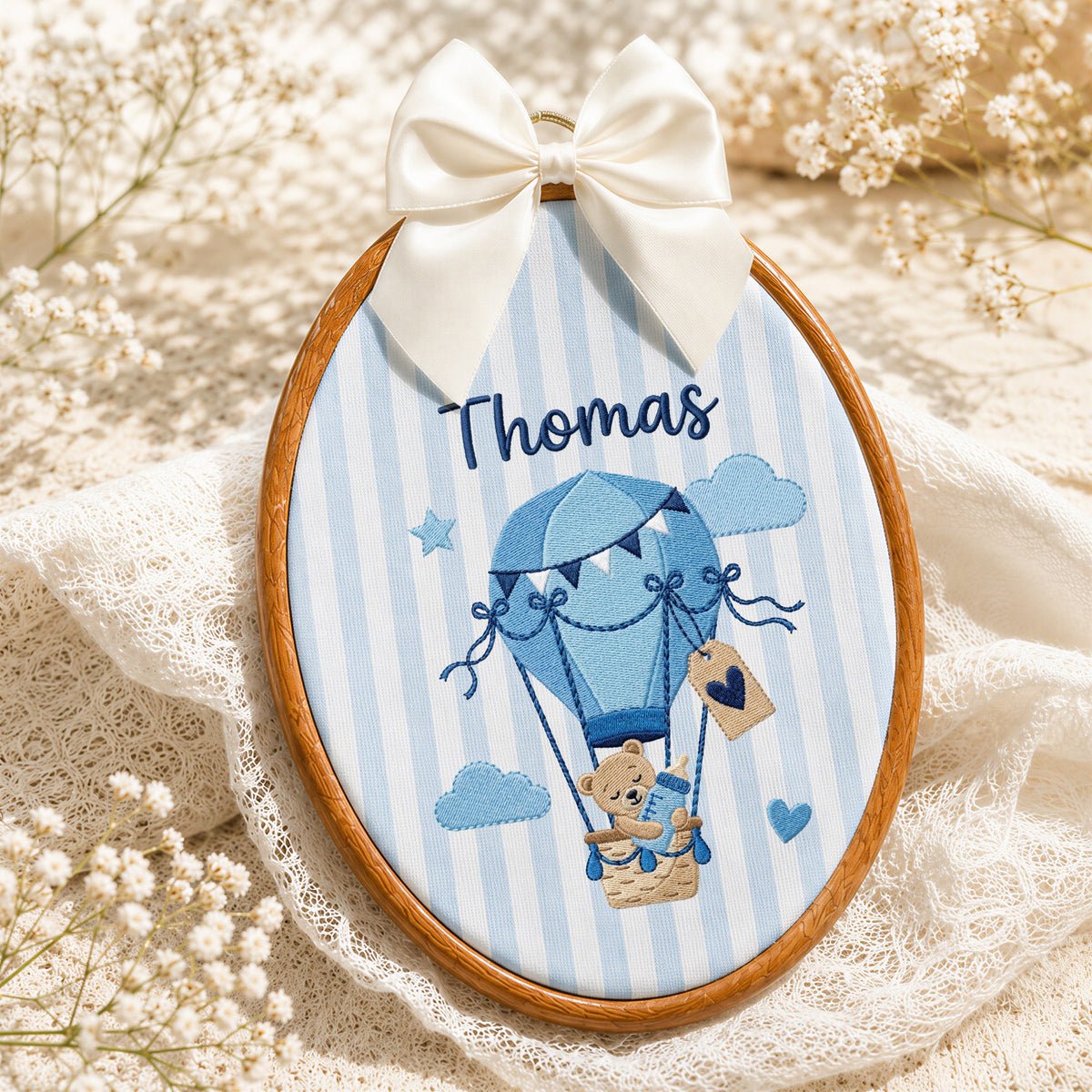 Personalized Baby Name Bear Balloon Embroidery Hoop Art Custom Nursery Decor Keepsake