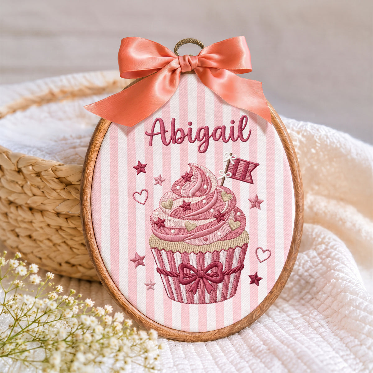Personalized Baby Name Sweet Cupcake Embroidery Hoop Art Custom Nursery Decor Keepsake