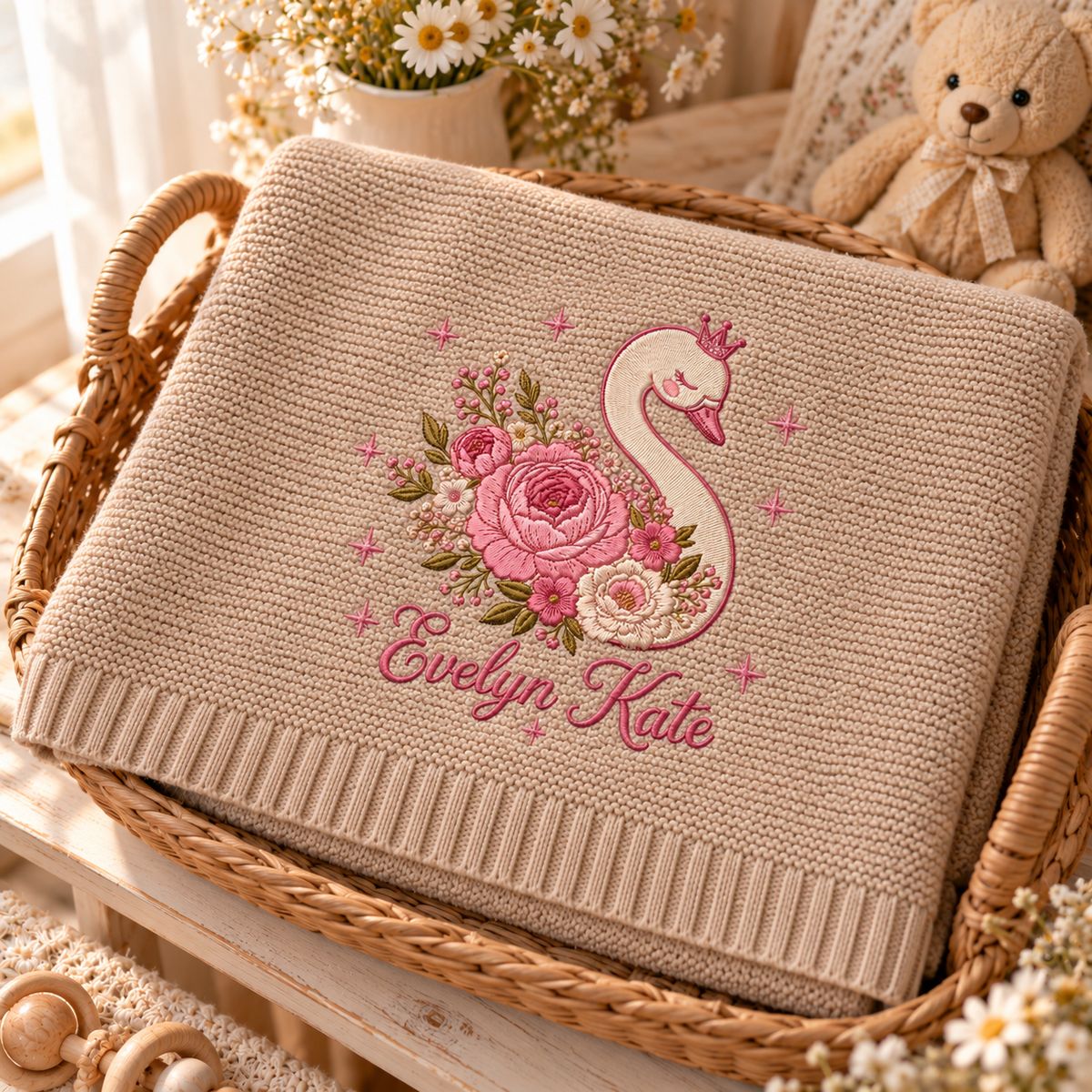 Custom Name Baby Knitted Blanket Swan Floral Crown Warm Infant Swaddle Sheet Throw Cover