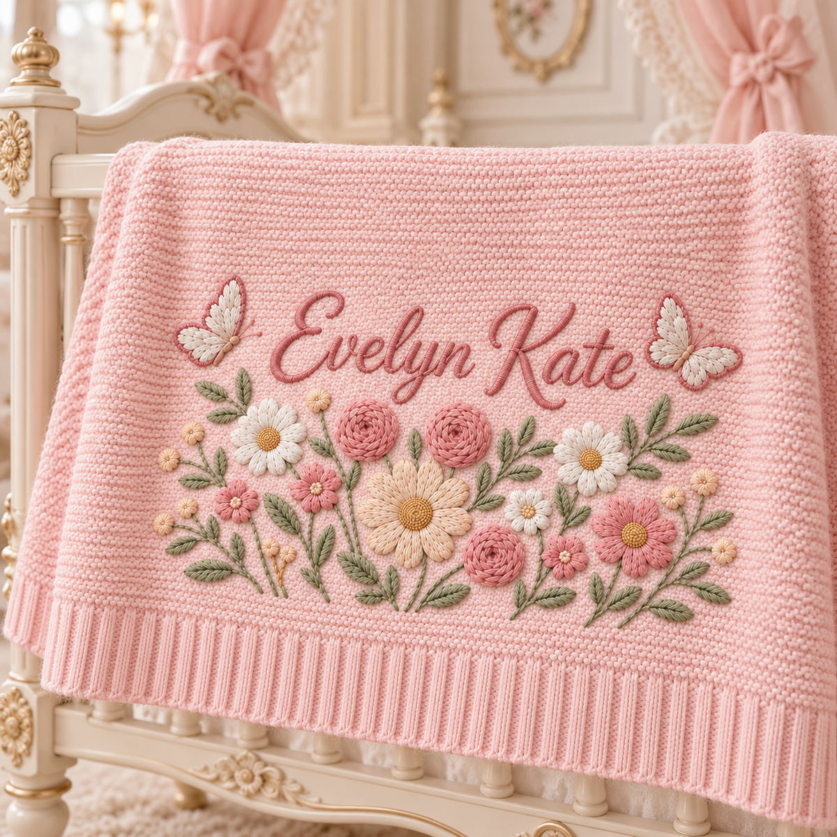 Custom Name Baby Knitted Blanket Garden Flowers Butterflies Warm Infant Swaddle Sheet