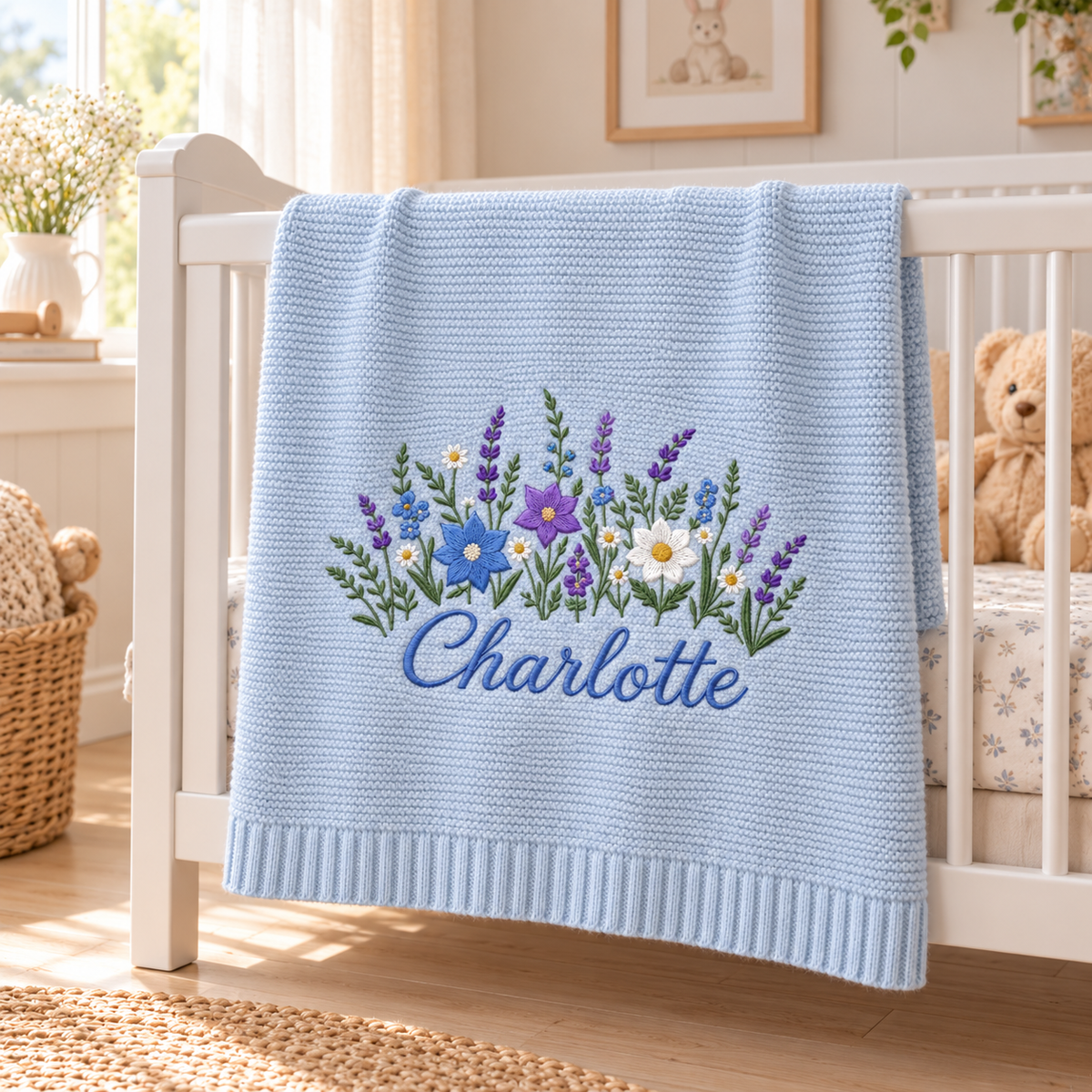 Custom Name Baby Knitted Blanket Lavender Wildflowers Warm Infant Swaddle Sheet Throw